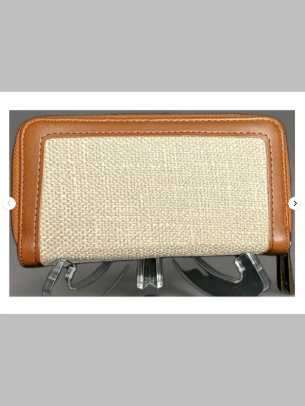 Brown Tan Woven Canvas Zip Around Wristlet Wallet Organizer Faux Leather Women